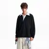 Moletom de retalhos listrados de alta qualidade com gola de camisa, estilo duas peças falsas, para homens, primavera e outono, marca moderna estilo americano, top casual solto com ombros normais
