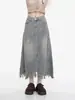 Saia Jeans Midi de Cintura Alta com Design Irregular Estilo Retrô e Corte Evasê para Mulheres, Saia Longa Vintage com Franjas para Figuras Baixas