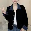 Cardigã de tricô patchwork em jeans tweed estilo francês, um novo item de moda outono/inverno com gola estilosa, oferecendo um look chique e versátil para mulheres