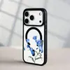 Adequado para Capa de Celular com Ventosa para Apple 17Promax com Design de Flores, Capa Protetora Duas em Uma para Iphone18Pro com Aglomerado de Flores Azul Gelo