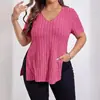 Transfronterizo 2024 Europa y Estados Unidos transfronterizo primavera y verano nuevo color sólido talla grande chaqueta cuello en V manga corta abertura lateral camiseta lijada