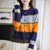 Nova Chegada Outono/Inverno 2026: Cardigã Feminino Color Block de Malha Veludo Macio, Gola Redonda, Caimento Solto e Manga Longa