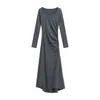 Vestido Elegante Novo Outono 2025 Feminino Primavera e Outono De Rong Justo ao Corpo Estilo Coreano Petite Cinza Slim Fit Longo