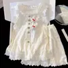 Pijama ligero y transpirable de tacto fresco para mujer, talla grande, corte holgado, ribete de encaje, cárdigan sin mangas con estampado de gato KT y copas incorporadas, conjunto de dos piezas