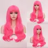 Peruca para Mulheres com Cabelo Longo Cacheado, Levemente Enrolada na Ponta, Couro de Renda, Franja Reta, Rede Rosa, Peruca Cosplay