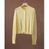 Cardigan Suéter Tricotado em Lã Merino 100% Fio Yangzi para Mulheres Gola Redonda Suéter Fino de Lã Manga Longa Top Casual