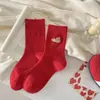 Meias Vermelhas Pacíficas e Alegres para Mulheres, Outono e Inverno, Sem Costura, Ano do Zodíaco, Par, Algodão Bordado, Cachorro, Meias de Cano Médio para Ano Novo