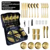 Amazon Transfronteiriço Aço Inoxidável Utensílios de Mesa para Exterior Kit Faca de Bife, Garfo e Colher 20 Peças Acampamento Acampamento Dourado Utensílios de Mesa