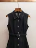 Vestido Chaleco de Primavera Nuevo Estilo Retro Francés Estilo Hong Kong con Solapa sin Mangas de Corte A para Mujer