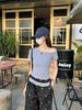 Camiseta de Manga Corta con Hombro Caído Azul Oscuro Estilo Pure Lust para Mujer Verano 2025 Corta Descubierta Ajustada Sexy Top Ins Tendencia
