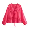 Ins de Frontera Nueva Primavera Moda Casual Versátil Europea y Americana Blusa Superior con Cuello de Muñeca de Encaje