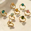 Anillo abierto de acero inoxidable transfronterizo, diseño vintage con turquesa, acero de titanio chapado en oro de 18K, anillo para mujer al por mayor