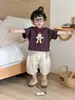 Roupas Infantis Verão Finas Roupas de Bebê Estilo Coreano Roupas Infantis 2026 Novo Conjunto de Camiseta e Shorts de Desenho para Meninos