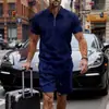 Verano Nuevo Estilo Europeo y Americano Transfronterizo Camisa Polo Casual para Hombre Color Sólido Cuello con Cremallera Manga Corta Conjunto