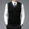 Chaleco de lana de punto de cuello en V para hombre, otoño e invierno, color liso, 100% lana, adecuado para padres de mediana edad y mayores