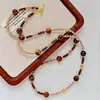 Cadena de Suéter de Perlas Shijia de Alto Brillo Color Café Moca con Piedra Natural Ojo de Tigre de Alta Calidad, Cadena para Clavícula para Mujer
