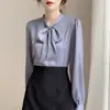 Camisa Feminina com Laço Estilo Coreano e Japonês, Design de Outono de Manga Longa, Top Único de Chiffon, Luxo Leve, Vestuário Formal Profissional de Alta Qualidade