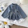 Chaqueta de Mezclilla para Niñas de Primavera y Otoño Estilo Nuevo Ribete de Encaje Falda de Mezclilla Chaqueta Elegante para Niña Envío Transfronterizo