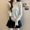 Camiseta de manga larga con cuello en V para mujer, nuevo estilo primavera-verano 2026, talla grande, corte holgado, adelgazante, top con cordón para mujer
