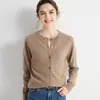Cardigan de malha elegante de cor sólida com fivela, gola redonda, afina a silhueta, para o trabalho, início do outono, suéter feminino de cashmere puro com temperamento