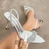 Sandálias de salto alto femininas de alta qualidade, com uma alça, strass, bico quadrado, estilo romano sexy francês para uso externo, transfronteiriças