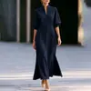 Vestido Nuevo de Verano 2026 para Mujer Elegante y con Estilo Cuello Alto Mangas de Linterna Abertura en el Dobladillo Vestido de Manga Tres Cuartos