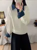 Suéter de malha com gola polo estilo coreano, retalhos de jeans, imitação de duas peças, novo top versátil da moda para o outono de 2026