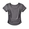 Camiseta de manga corta con dobladillo curvo arqueado para mujer, estilo europeo y americano, sexy, con cuello redondo y plisado, novedad de verano de 2023