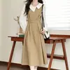 Elegante vestido de retalhos coloridos para primavera e outono, estilo transfronteiriço para mulheres, com toque de luxo leve e alta qualidade, falso duas peças, vestido longo evasê que acintura