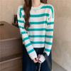 Primavera e Outono Novo Estilo Coreano Listrado Solto Pulôver de Manga Longa Gola Redonda Versátil Suéter Elegante Emagrecedor para Mulheres