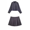 Conjunto Bomber de Sarja para Cross-Border 2025 Nova Primavera + Calça Culotte Plissada de Sarja