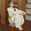 Camisola com Bojos para Mulheres, Pijama de Manga Longa para Primavera e Outono, Alças de Kimono, Doce Nuvem Algodão Meio Comprido Solto