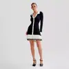 Falda de Punto con Volantes y Correa de Lazo Europea y Americana Transfronteriza, Vestido Pequeño Fragante con Botones de Perla en Bolsillo