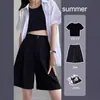 Shorts de terno preto feminino verão fino solto casual perna larga cintura alta perna reta linha A modelador 5 cinco pontos calças comprimento médio