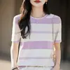 Item quente do verão: Camiseta feminina de manga curta, gola redonda, malha 100% algodão, listrada color block, corte solto, estilo coreano, estilosa e versátil