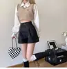 Shorts femininos de couro PU cáqui outono inverno cintura alta soltos outer wear de garota quente casual mylard outfit base layer de linha A shorts para botas