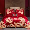 Juego de ropa de cama para boda nuevo estilo chino, rojo vibrante bordado, hecho de algodón puro, juego de cuatro piezas, perfecto como regalo de boda para recién casados