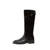 Botas de montar retro de cuero genuino de vaca para mujer, botas altas con punta redonda, tacón grueso, detalle de hebilla, caña ancha y efecto adelgazante, estilo western