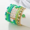 Europa y América. Pulsera Verde del Día de San Patricio Apilada con Cuentas de Arcilla Suave, Decoración de Colgante Hecho a Mano de Trébol de Cuatro Hojas de Buena Suerte
