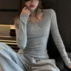 Camiseta de Fondo con Corte Inferior de Diseño Cuidadosamente Seleccionado para Mujer en Otoño e Invierno Top Halter de Puro Deseo Aspecto Adelgazante Camiseta de Manga Larga