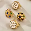 Anillo con Diseño de Granada de Nuevo Estilo Transfronterizo Europeo y Americano Incrustado con Perla de Imitación Anillo de Acero Inoxidable Personalizado con Piedra de Vidrio de Color Joyería para Mujer
