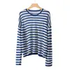 Blusa Suéter de Punto Fino de Manga Larga Tencel para Mujer Verano Nuevo Estilo Coreano Holgado Rayas Jersey Camisa Protectora Solar para Mujer