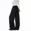 Pantalones casuales de mujer con estampado de cruz retro americano, versátiles para primavera y otoño, pierna recta simple, pierna ancha suelta, pantalones deportivos de chándal