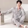 Pijama de Talla Grande para Hombre Primavera y Otoño Algodón Puro Casual Holgado Cuello de Solapa Manga Larga Adolescentes Pueden Usar Ropa de Casa para Salir Conjunto