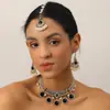 Collar con Borlas de Perlas, Flor de Pedrería, Aretes y Cadena para la Frente de Estilo Étnico Indio Transfronterizo, Joyería de Moda, Juego de Tres Piezas
