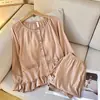 Novos Pijamas de Algodão Nuvem Estilo Primavera e Outono com Bojos para Mulheres, Cardigan de Manga Longa com Babados, Roupa de Casa, Pode Ser Usado Fora como um Conjunto