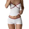 Verão Transfronteiriço Novo Estilo Europeu e Americano Feminino Puro Desejo Sexy Decote V Camisola Bloqueio de Cores Versátil Conjunto de Shorts
