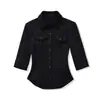 Camiseta Sexy de Manga Corta con Cuello Polo Francés y Bolsillo, de Botones, para Mujer, Verano, Chica Caliente, Costuras de Contraste, Cintura Ceñida, Top de Manga Media