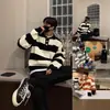Suéter Listrado Masculino de Alta Qualidade Solto Estilo Retro Japonês Marca Tendência Preguiçosa Gola Tricô Estilo Coreano Jaqueta Casual
