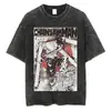 Camiseta Vintage Lavada de Chainsaw Man Anime con Cuello Marinero y Patrón de Rayas, Camiseta Unisex Transpirable y Cómoda, Hecha en China